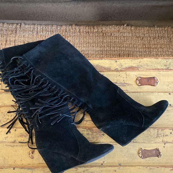 FREE PEOPLE 100% SUEDE LEATHER FRINGE TALL KNEE BOOTS FRINGE WEDGE - Picture 5 of 13